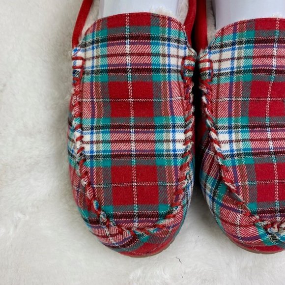 Lands' End Women's Soft Flannel Moccasin Slippers Plaid Red NWOT size 10‎ - Picture 4 of 13
